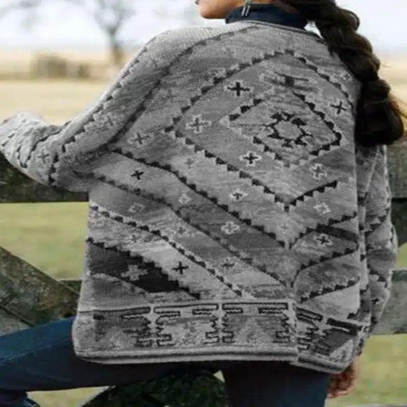 Ladies Cropped Printed Top Long Sleeve Woolen Coat-Grey-3