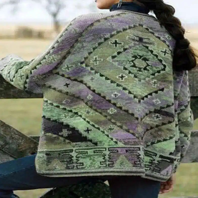 Ladies Cropped Printed Top Long Sleeve Woolen Coat-Green-4