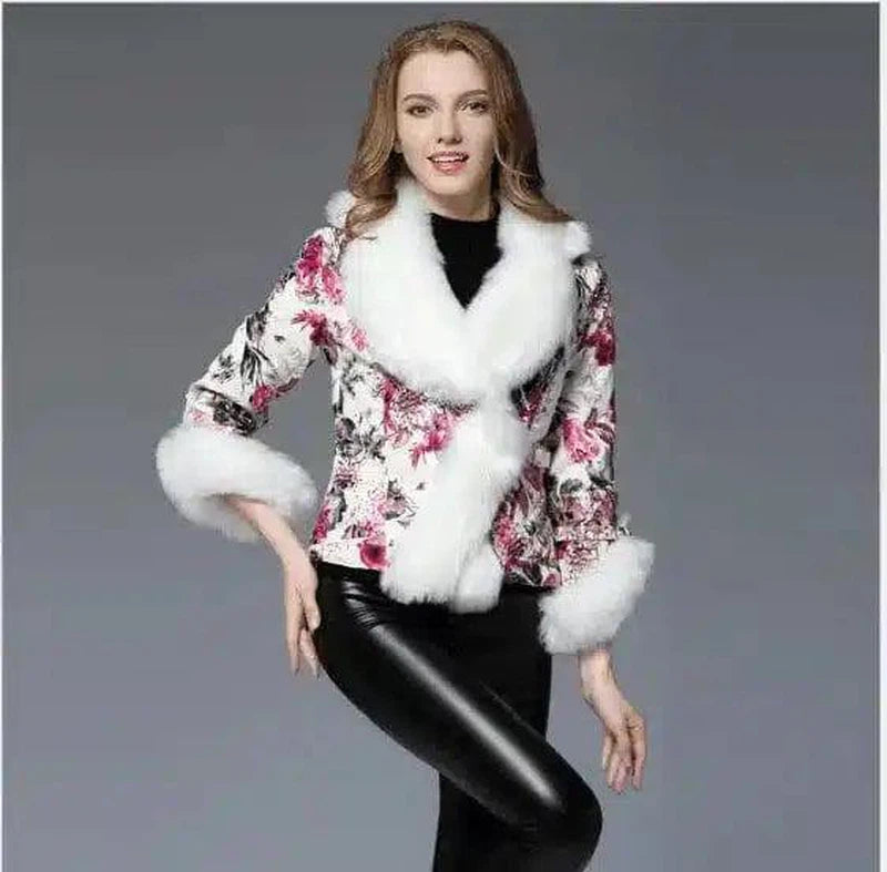 Faux Fur Collar Floral Jacket for Women-XS-2