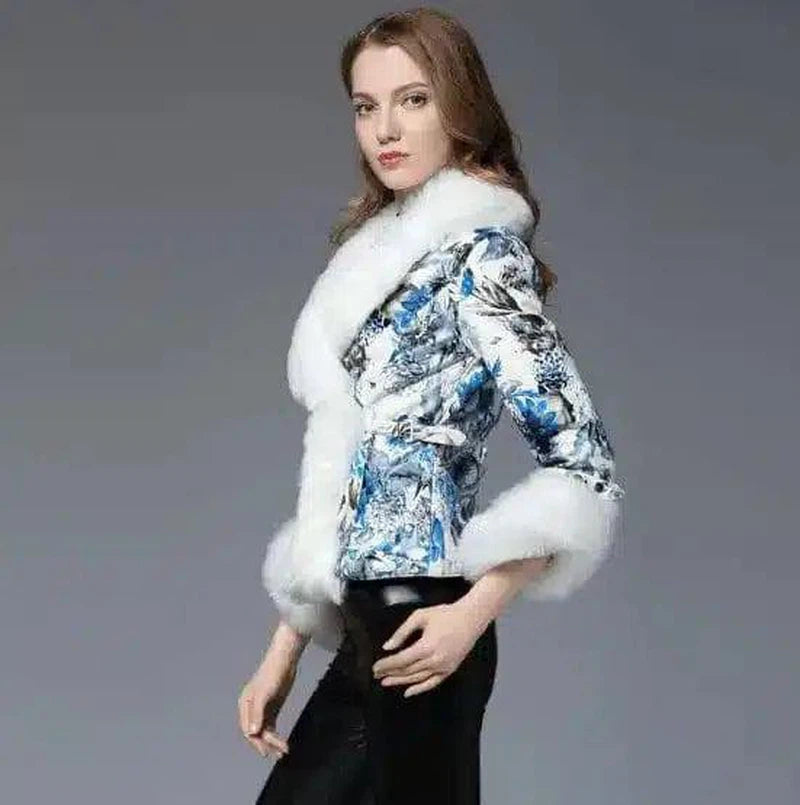 Faux Fur Collar Floral Jacket for Women-XS-3