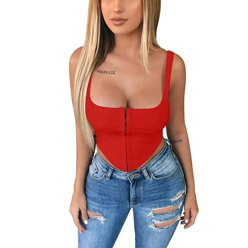 Slim Fit Zippered Tank Top for Women-Red-2