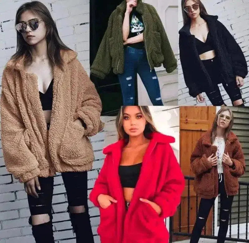 Fuzzy Zip-Up Oversized Jacket for Casual Wear-Black-1