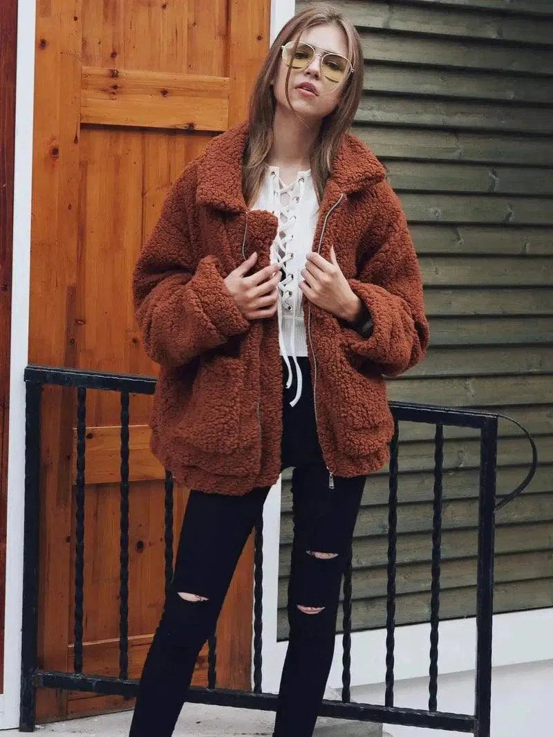 Fuzzy Zip-Up Oversized Jacket for Casual Wear-Camel-2