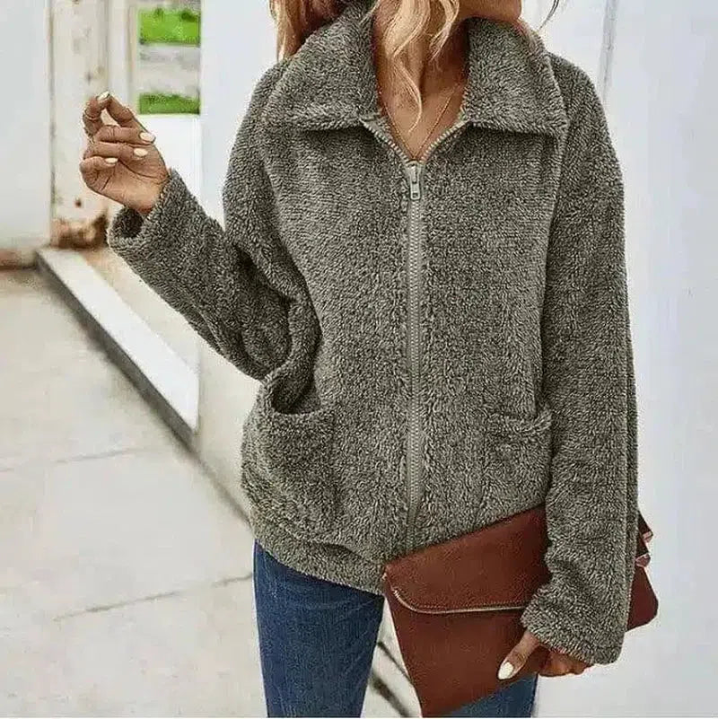 Fuzzy Zip-Up Oversized Jacket for Casual Wear-Light gray-7