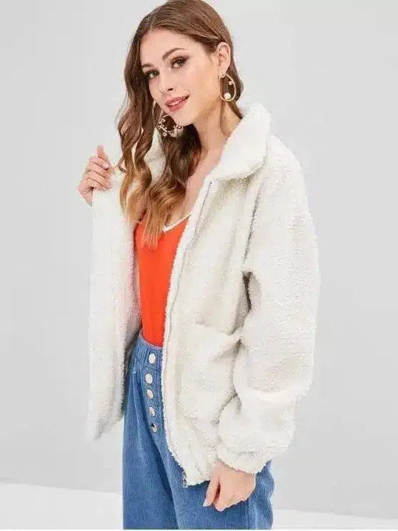 Fuzzy Zip-Up Oversized Jacket for Casual Wear-White-8