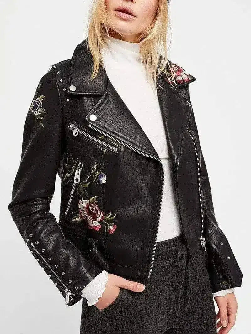 Floral Embroidered Women's Moto Jacket-1