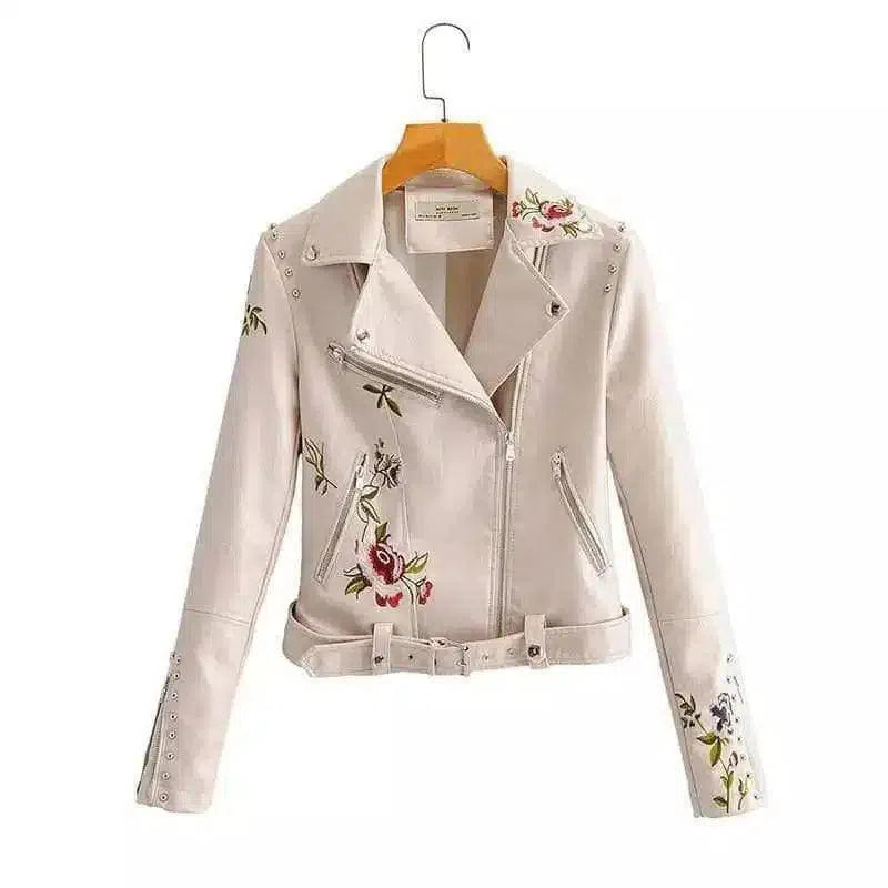 Floral Embroidered Women's Moto Jacket-White-2