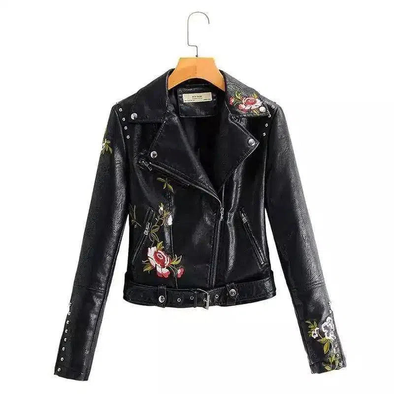 Floral Embroidered Women's Moto Jacket-Black-3