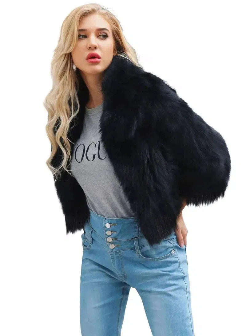 Women's Faux Fur Short Jacket-Black-2