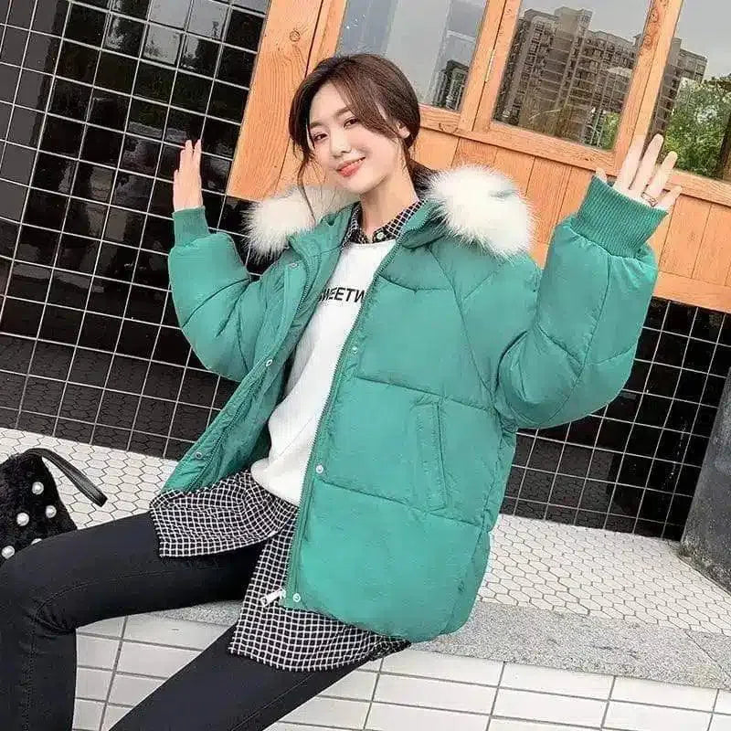 Winter Padded Jacket with Fur-Trim Hood-Green-1