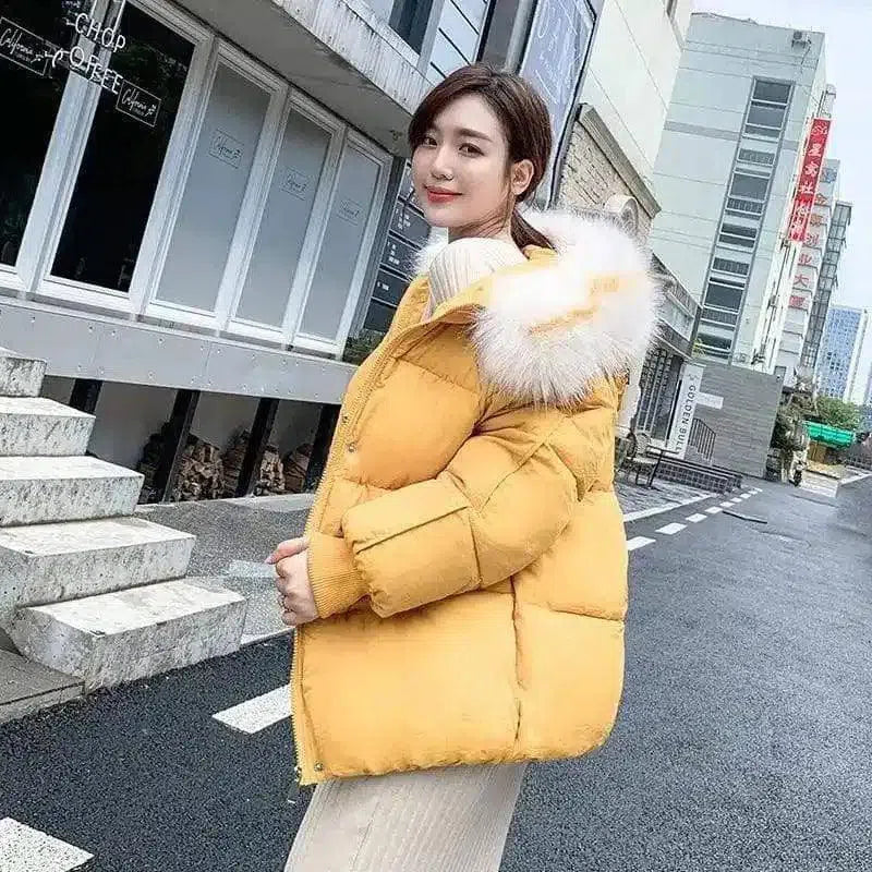 Winter Padded Jacket with Fur-Trim Hood-Yellow-2