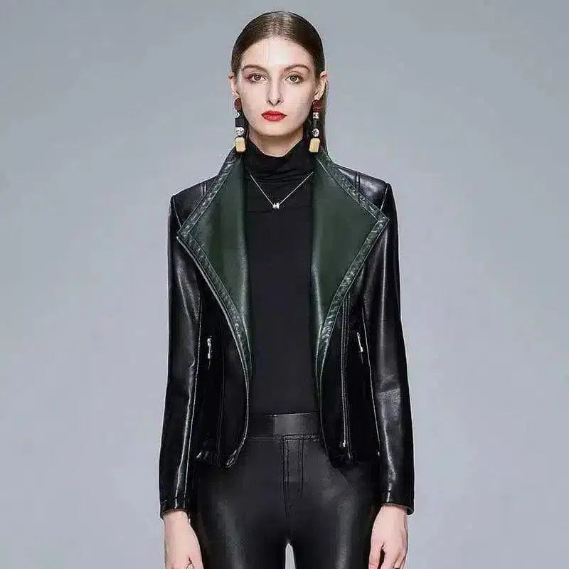 Women's Fitted Leather Jacket with Zip Pockets-Green-1