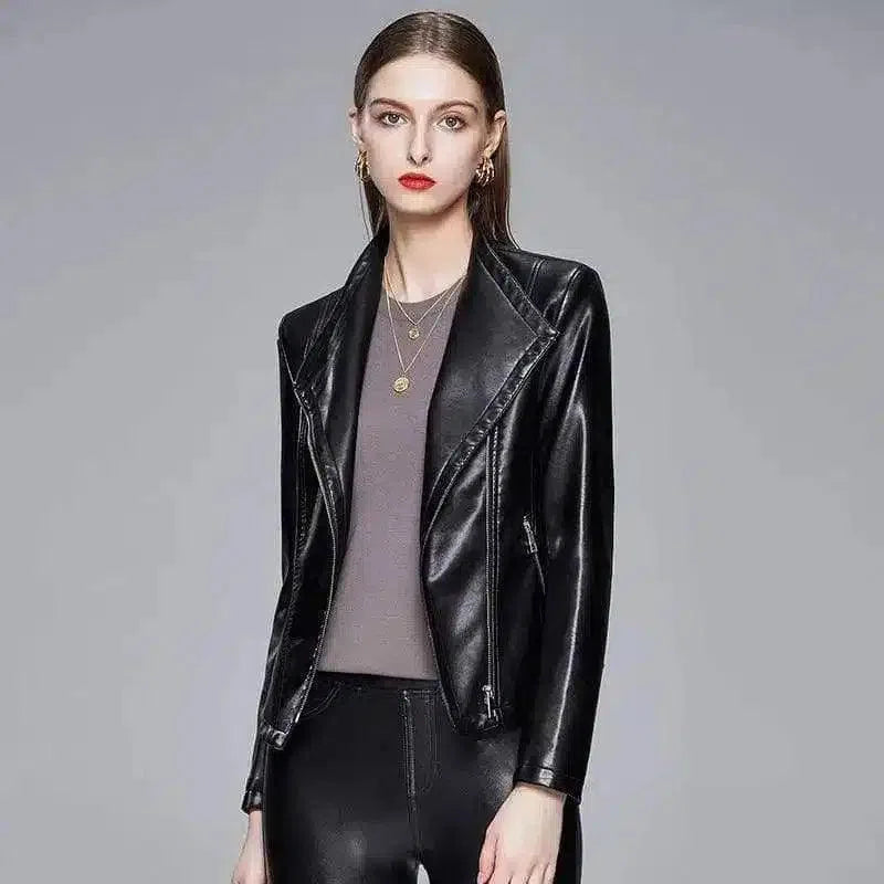 Women's Fitted Leather Jacket with Zip Pockets-Black-2