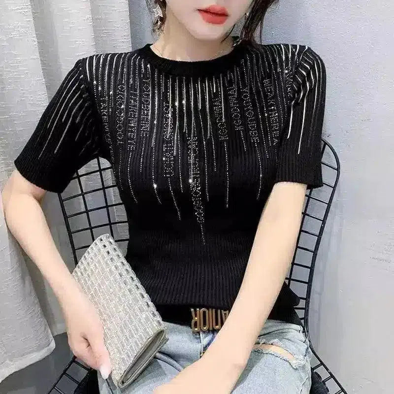 Women's Ribbed Knit Short Sleeve Top-Black-3