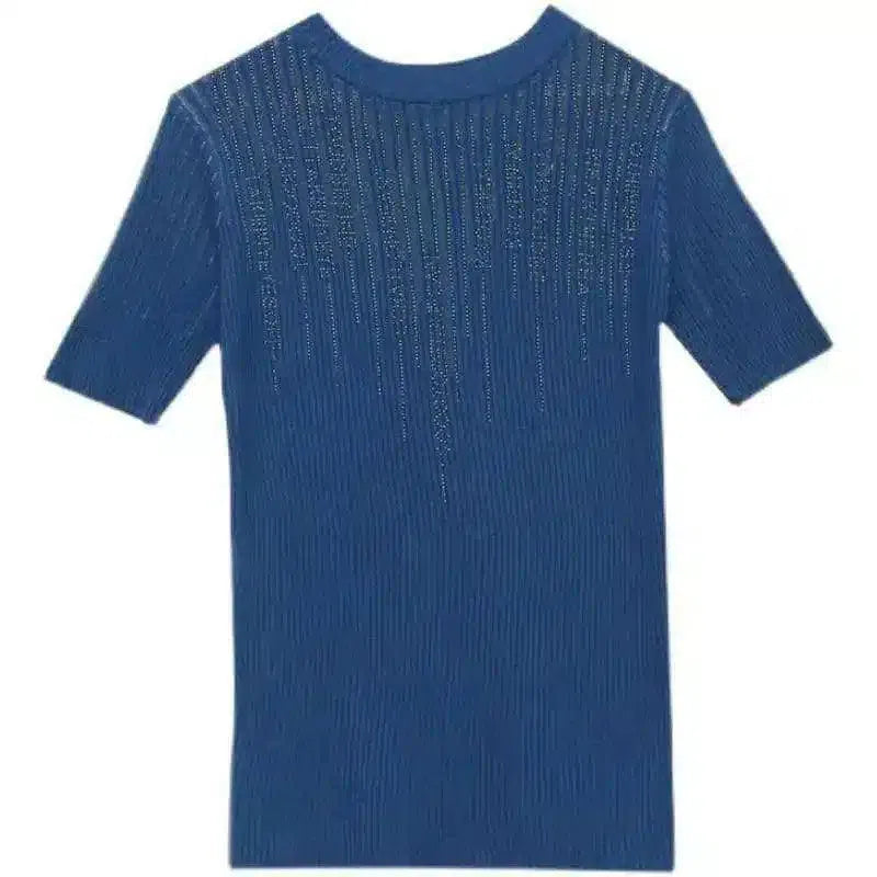 Women's Ribbed Knit Short Sleeve Top-Blue-4