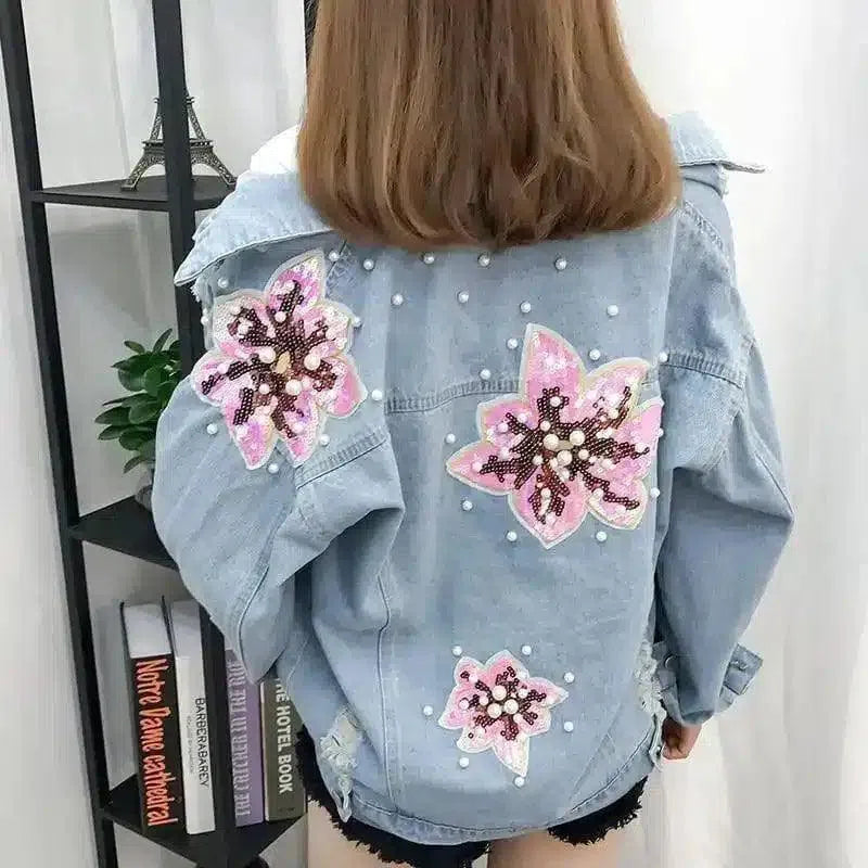 Women's Casual Denim Jacket with Embroidery-Light Blue-2