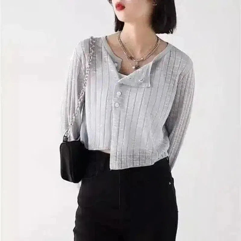 Striped Button-Up Casual Blouse-Grey-2