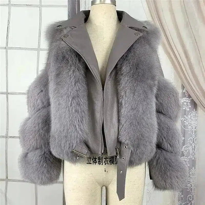 Faux Fur Jacket with Belt and Wide Collar-Grey-2