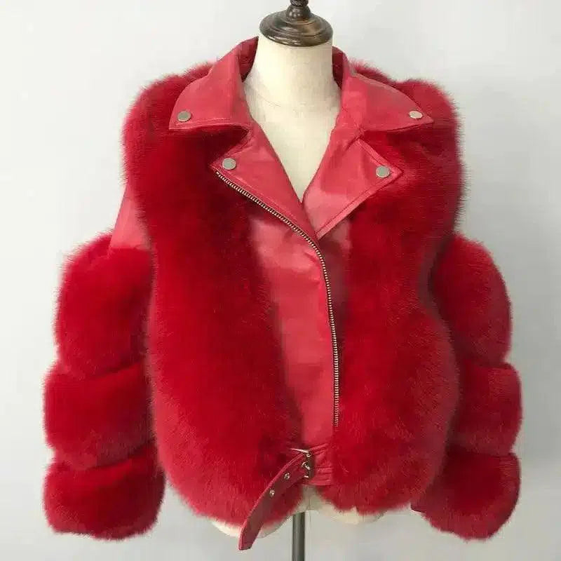 Faux Fur Jacket with Belt and Wide Collar-Red-4