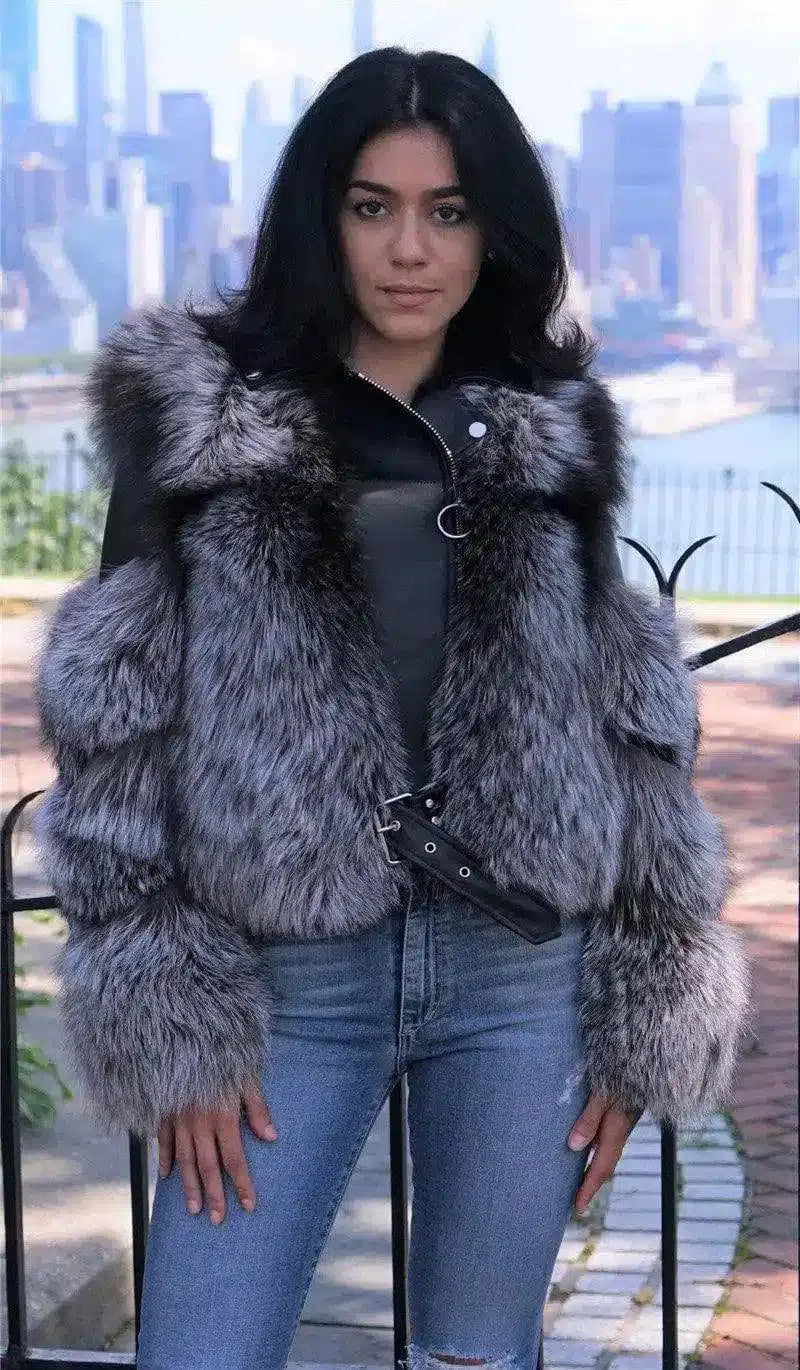 Faux Fur Jacket with Belt and Wide Collar-Black and white-5
