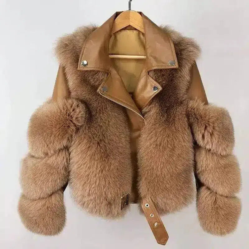 Faux Fur Jacket with Belt and Wide Collar-Brown-6
