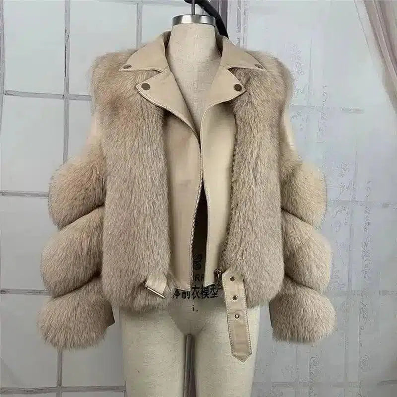 Faux Fur Jacket with Belt and Wide Collar-Camel-7