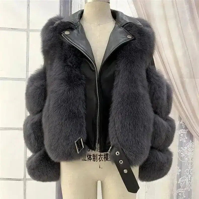 Faux Fur Jacket with Belt and Wide Collar-Dark gray-8