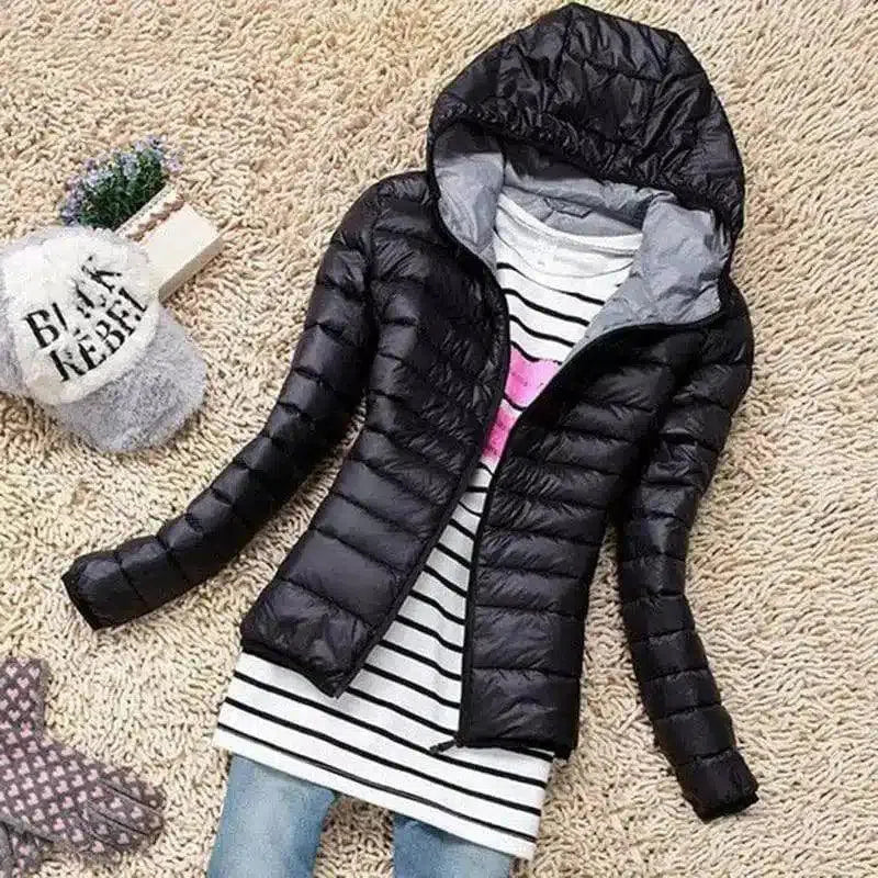 Hooded Lightweight Puffer Jacket for Women-Black-2
