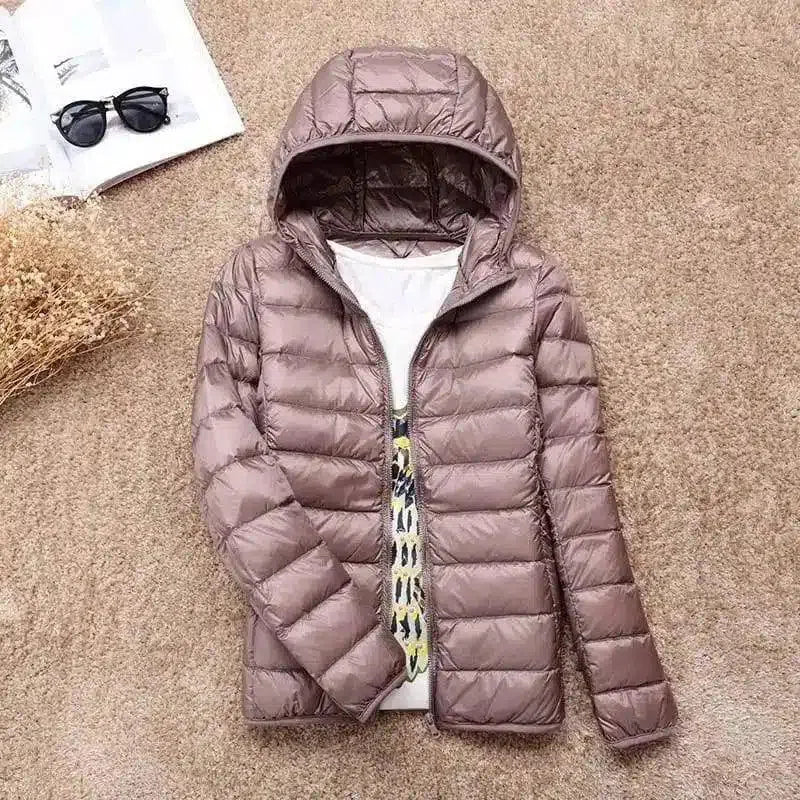 Hooded Lightweight Puffer Jacket for Women-KhakiA-3