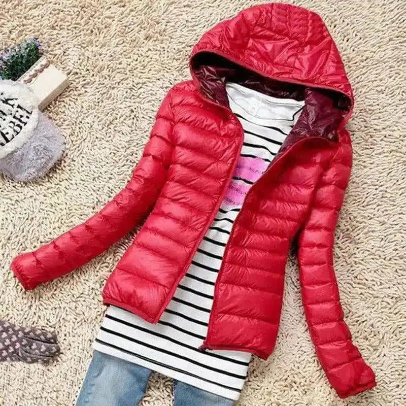 Hooded Lightweight Puffer Jacket for Women-Red-4
