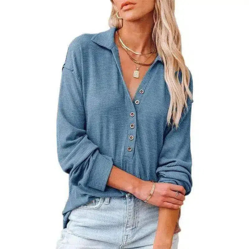 Womens Casual Button-Down Shirt-Blue-7