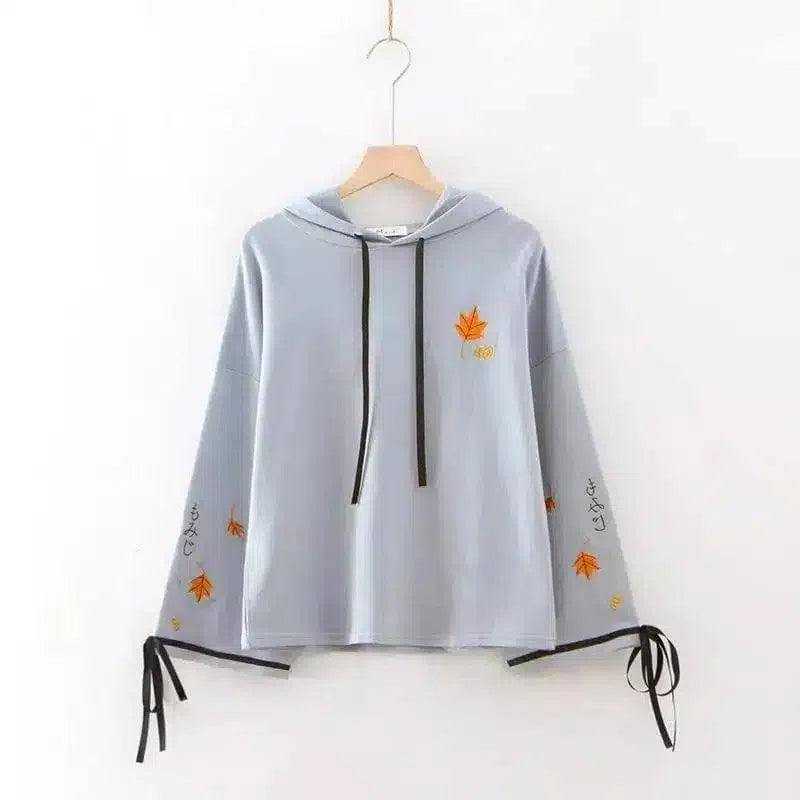 Autumn-Themed Hooded Women's Casual Top-Blue-2