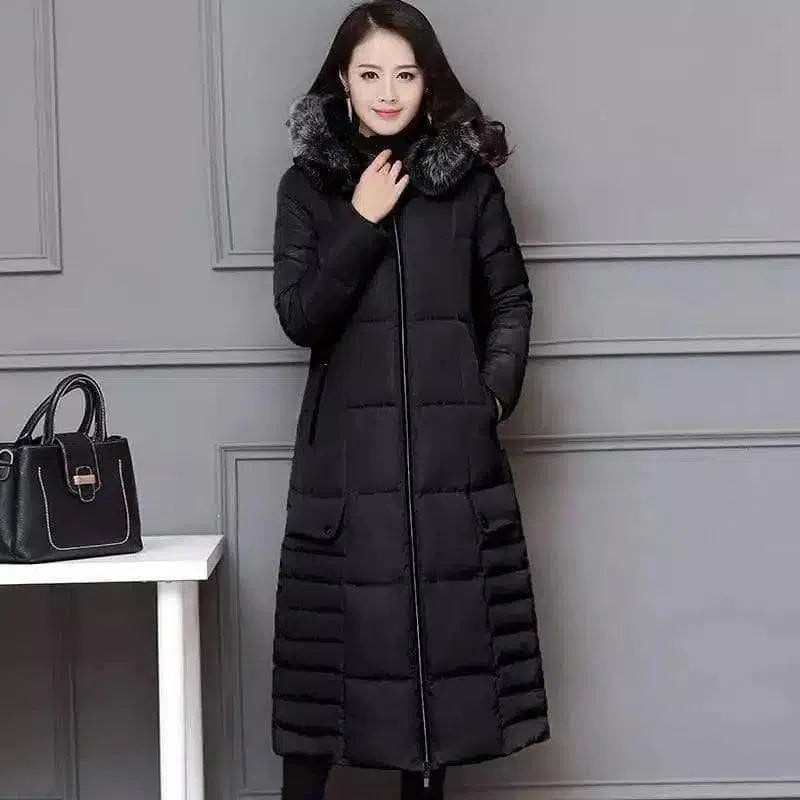 Winter Hooded Long Down Jacket for Women-Black + gray fox fur-2