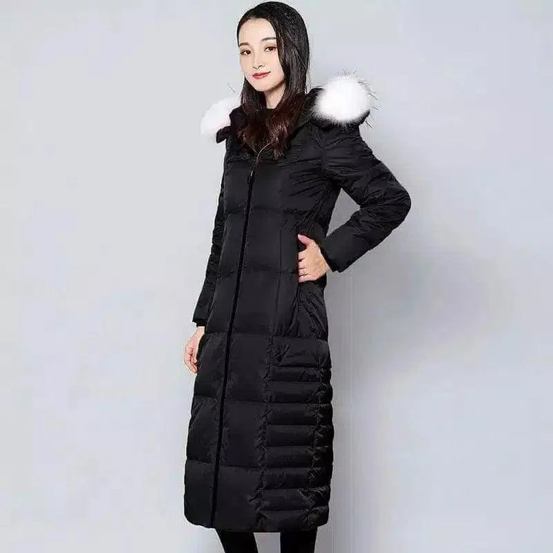 Winter Hooded Long Down Jacket for Women-Black + white fox fur-3