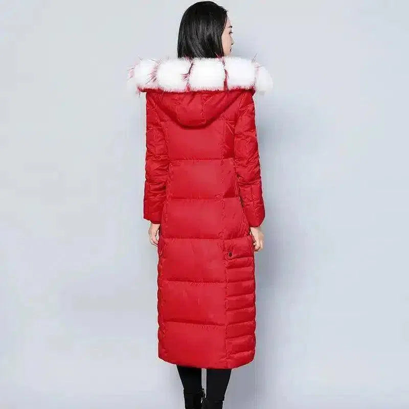 Winter Hooded Long Down Jacket for Women-Red + white fox fur-4