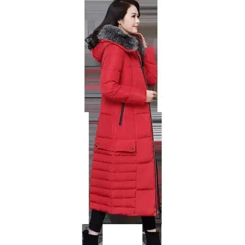 Winter Hooded Long Down Jacket for Women-Red + gray fox fur-5