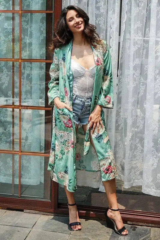 Floral Kimono-Style Long Cover-Up-Green-1