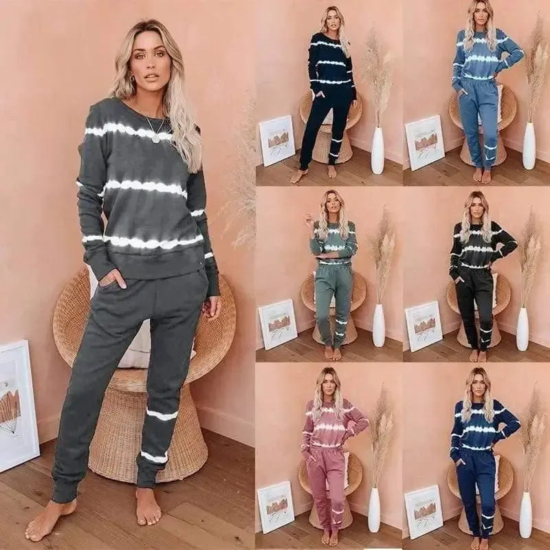Long-Sleeved Trousers Pair Striped Tie-Dye Gradient Pajamas-1