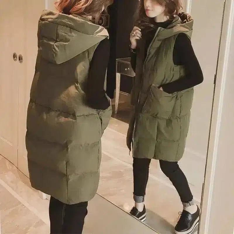 Hooded Sleeveless Puffer Vest with Pockets-Green-1