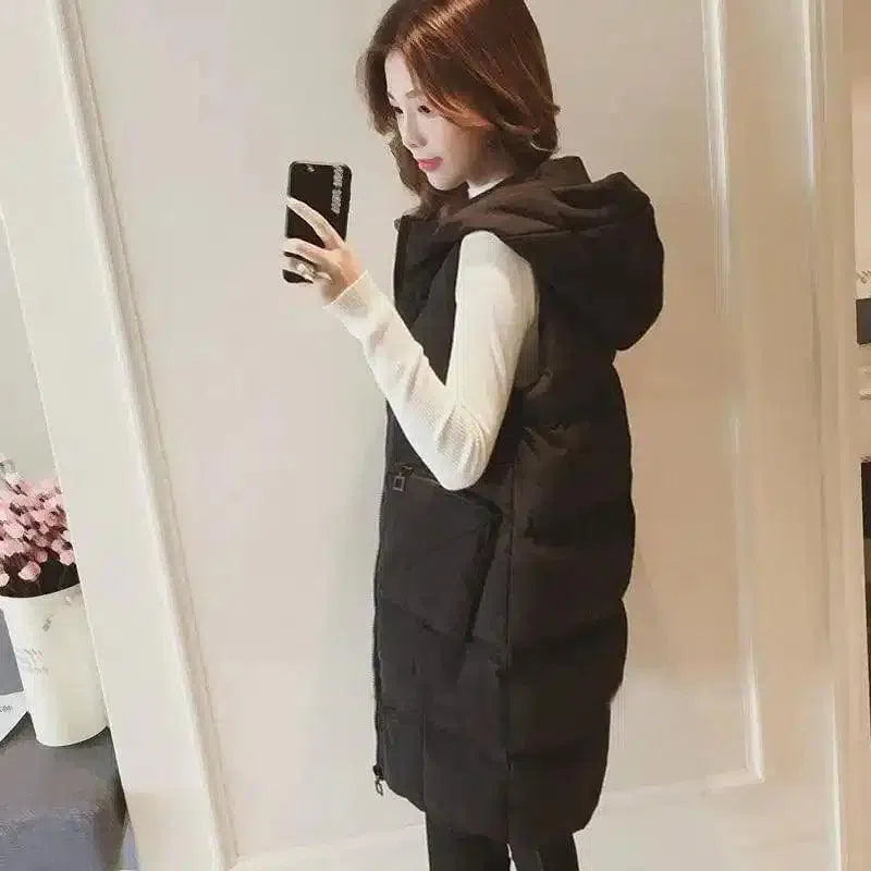 Hooded Sleeveless Puffer Vest with Pockets-Black-2