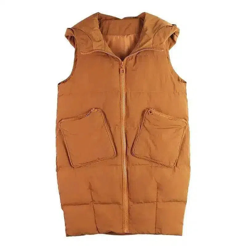 Hooded Sleeveless Puffer Vest with Pockets-Brown-3