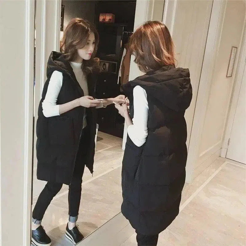 Hooded Sleeveless Puffer Vest with Pockets-black-4