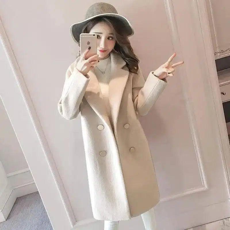 Long woolen coat in the woolen coat-Beige white-2