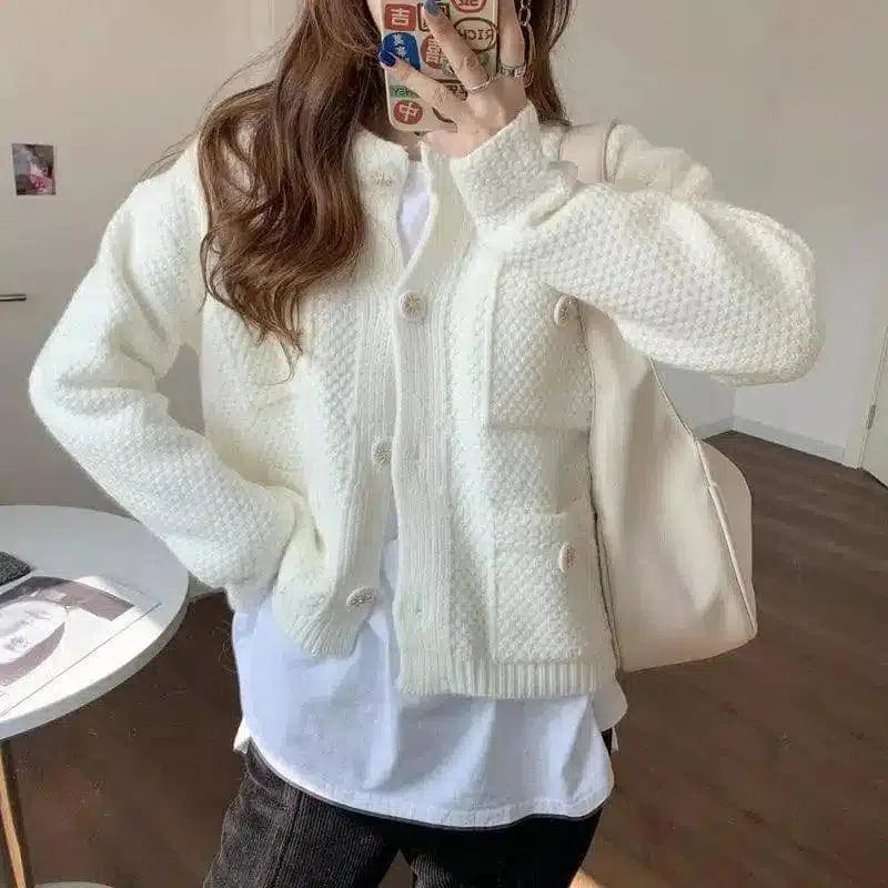 Warm Knit Cardigan with Pockets for Women-White-2