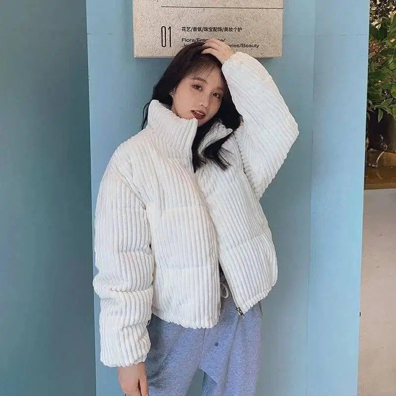 Loose corduroy padded jacket-White-2
