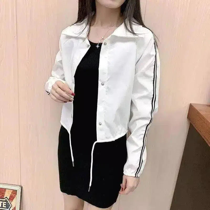 Women's Casual Button-Up Shirt with Stripe Detail-White-1