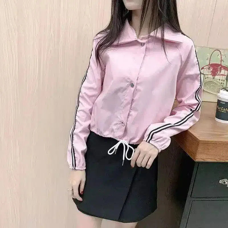 Women's Casual Button-Up Shirt with Stripe Detail-Pink-3