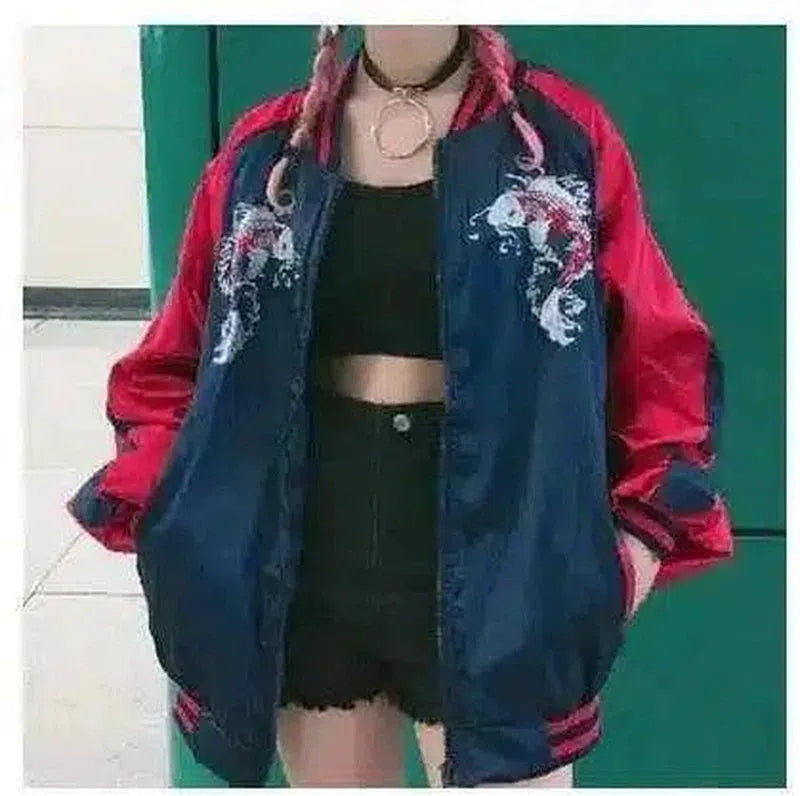 Embroidered Bomber Jackets for Women-Red-8