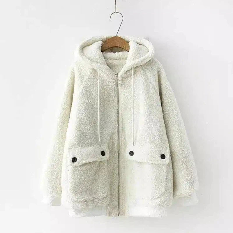 Loose Hooded Warm Lamb Fur Jacket-Beige-2