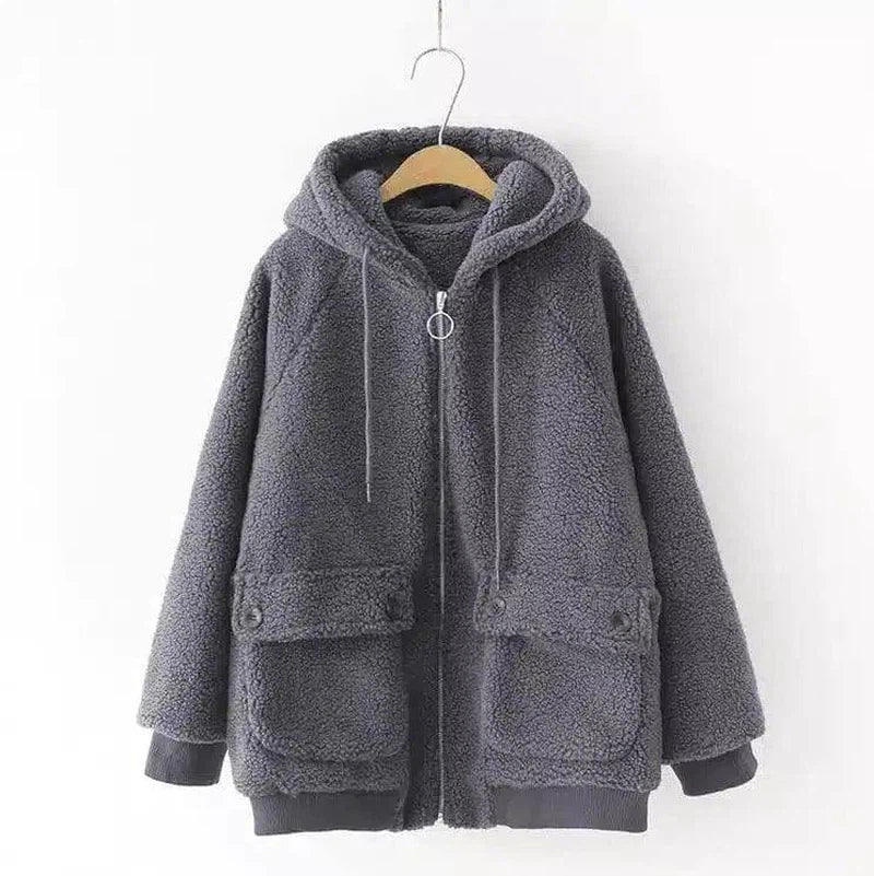 Loose Hooded Warm Lamb Fur Jacket-Gray-3